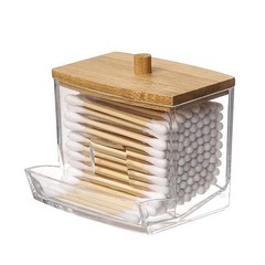 Clear Cotton Swab Storage Box with Bamboo Lid Makeup Swabs Toothpick Organizer