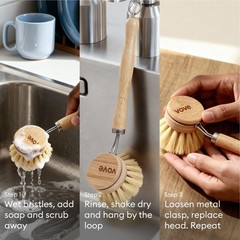 Vove Bamboo Dish Brush – 3x Replacement Heads – FSC Certified Natural Fiber