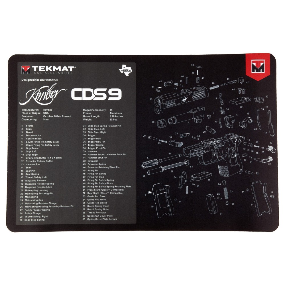 TekMat Kimber CDS9 Gun Cleaning Mat 11×17 Parts Diagram Black Handgun Mat