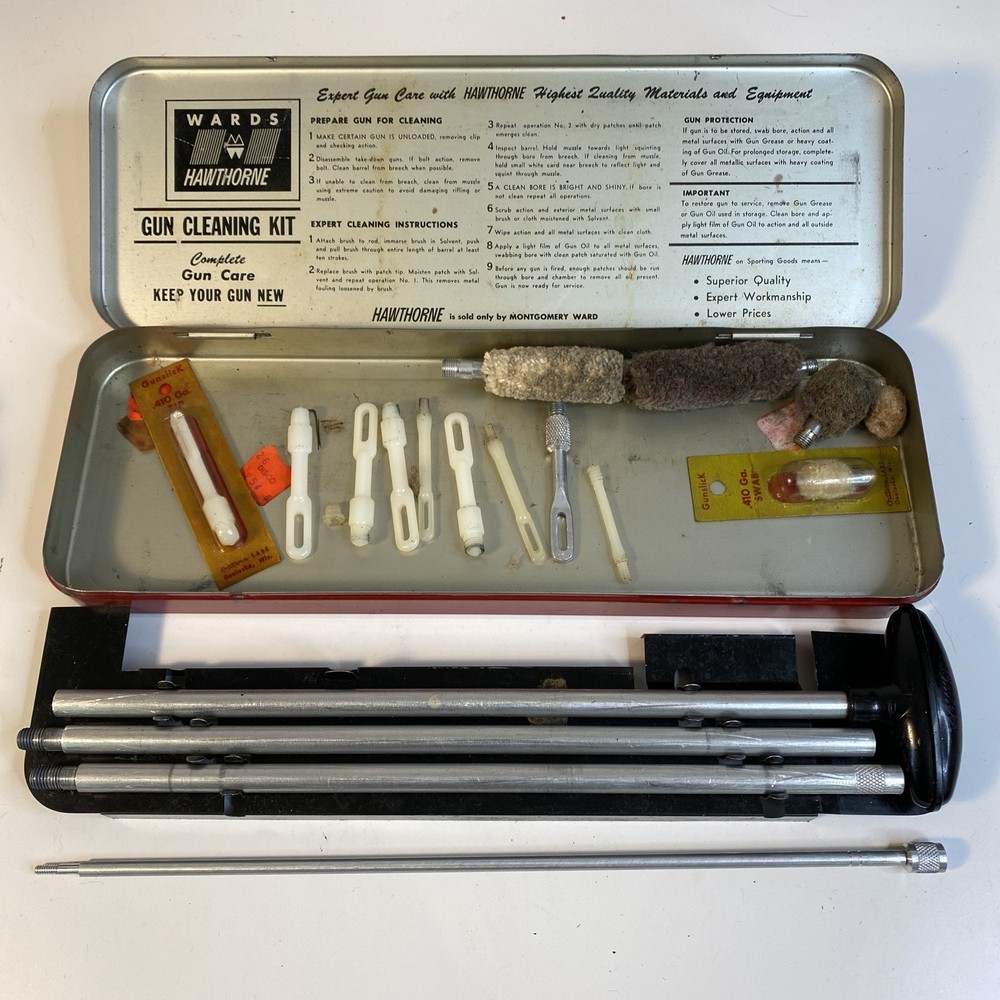 Wards Hawthorne Shot Gun Cleaning Kit Red Metal Antique With Contents 1960,s