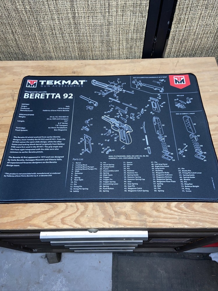 TekMat Beretta 92 Padded Benchtop Gun Cleaning And Breakdown Mat Large Size