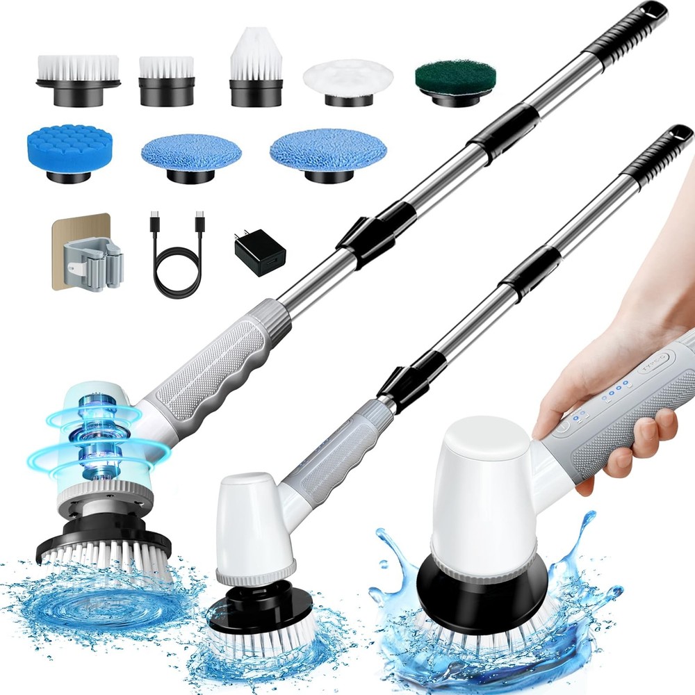 Electric Spin Scrubber Cordless Bathroom Shower Scrubber Adjustable Handle 8 Bru