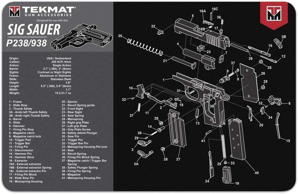 TekMat Sig Sauer P238 – 17″x11″ Gun Cleaning Mat – TEK-R17-SIGP238