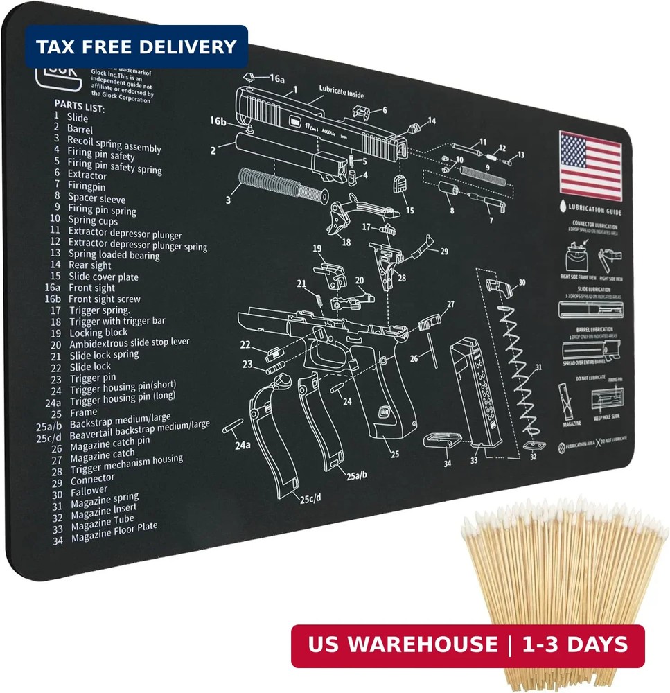 Gun Cleaning Mat for Glock – 24″ x12″ Gun Mat Black (with 6″ Swabs)