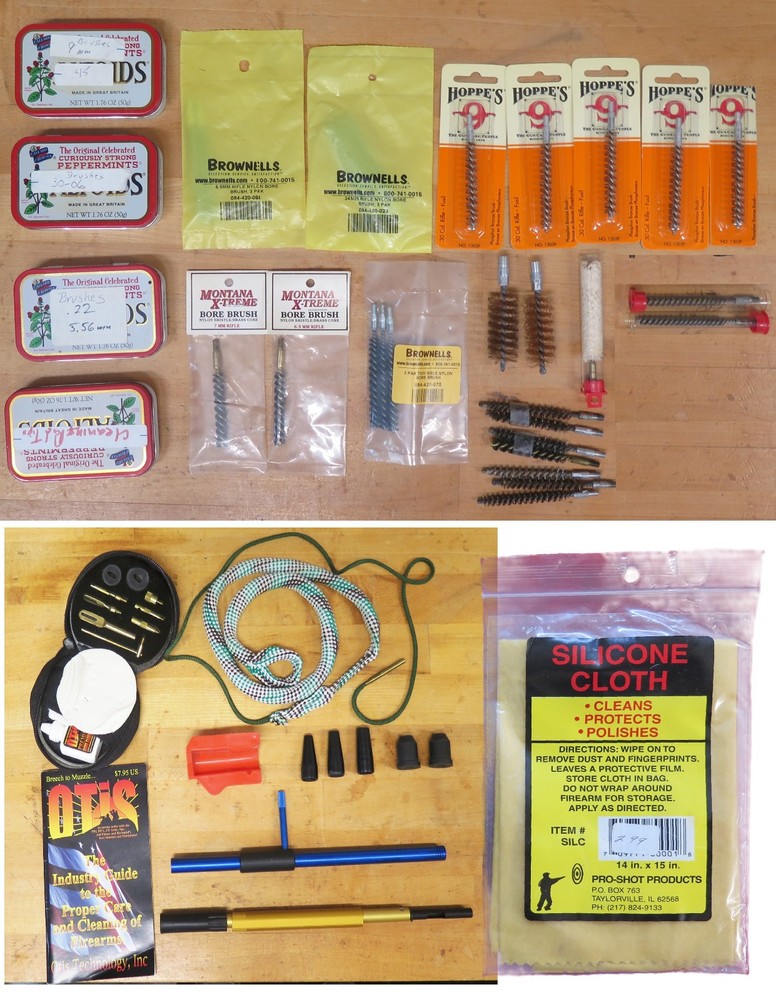 Rifle cleaning eqpt: bore brushes, swabs, jags, Otis Kit, pull through, silicone