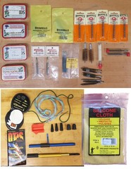 Rifle cleaning eqpt: bore brushes, swabs, jags, Otis Kit, pull through, silicone