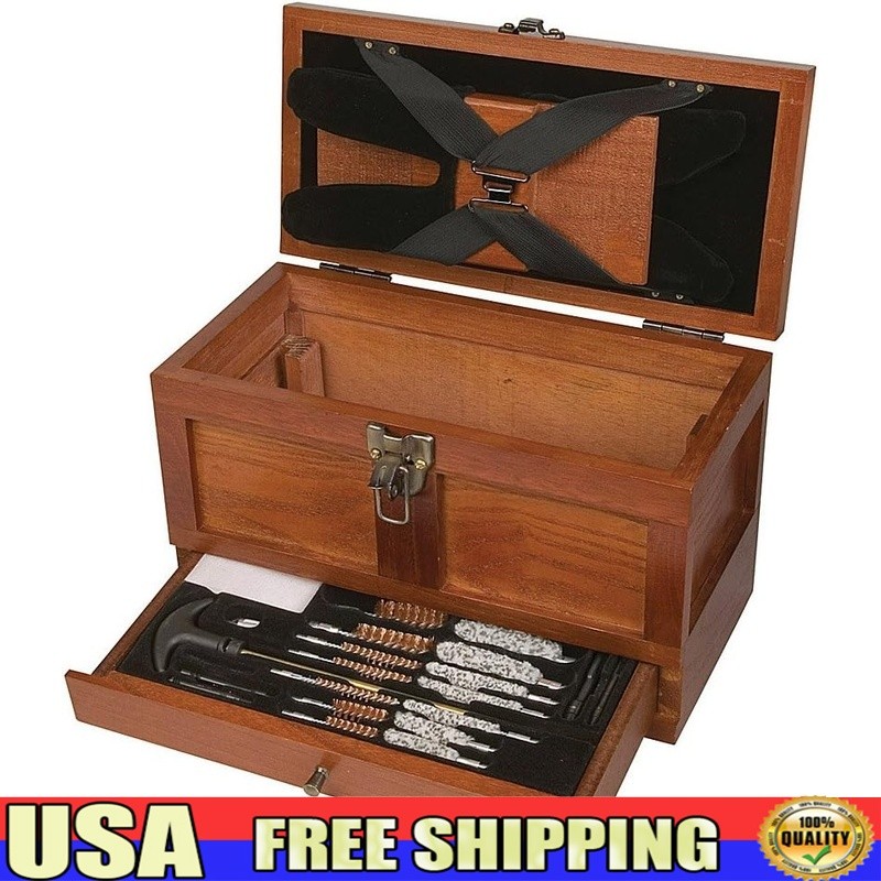 25 Piece Universal Wood Gun Cleaning Kit Aged Oak Brass Rods Organizers New