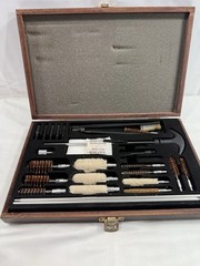 Gun Cleaning Kit with Wood Case, Cleaning Rods, Bore Brush & Mop, Brown/Black