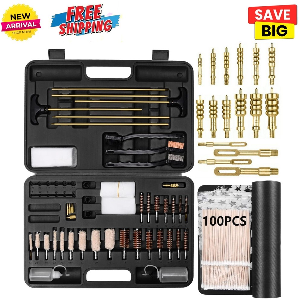 Gun Cleaning Kit w Mat & Case Brass Jags Rods for Rifle Shotgun Hunting Calibers
