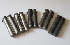 Lot Of 12 Military Metal Plastic Oil Bottles some have bore brushes