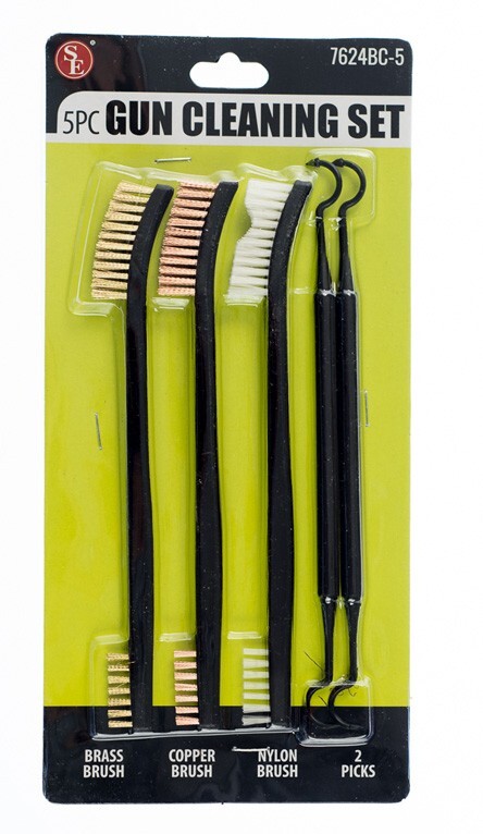 SE 5pc Gun Cleaning Set Brass, Copper, Nylon and 2 picks 7″ long – 7624BC-5