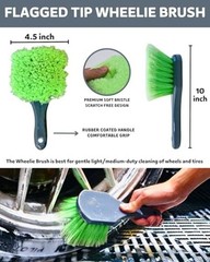 Car Wheel Cleaning Kit: Wheel and Rim Flagged Tip Brush, Bendable Barrel