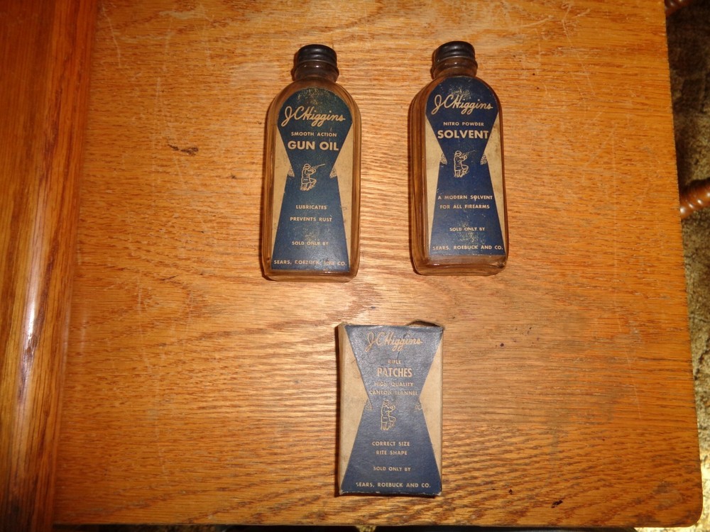 2 Vintage JC Higgins Sears Roebuck Solvent Bottle Guns & Reels &Empty Patch Box