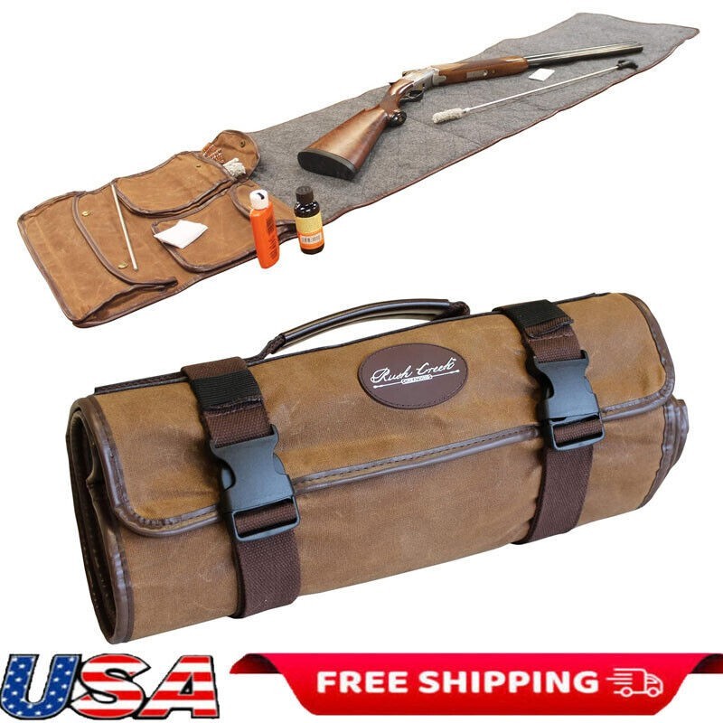Portable Gun Cleaning Mat w/Waxed Canvas Handle and Pockets Shooting Mat Brown