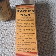 Vintage 1937 Hoppe’s No. 9 Nitro Powder Cleaning Solvent 2 oz Glass Bottle, Box