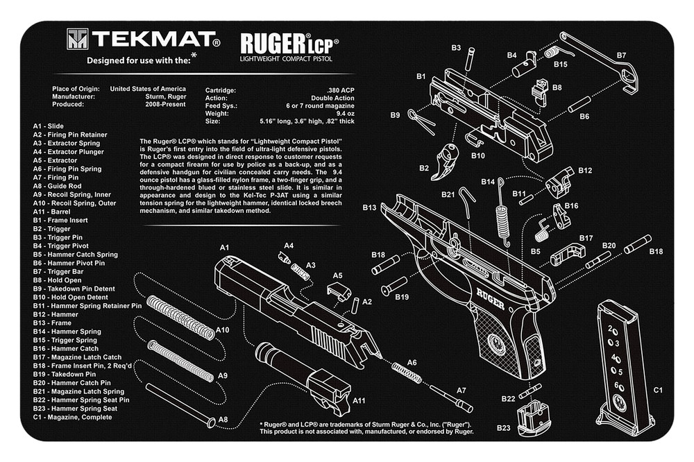 TekMat Ruger LCP 17″x11″ Gun Cleaning Mat Black – TEK-R17-RUGERLCP