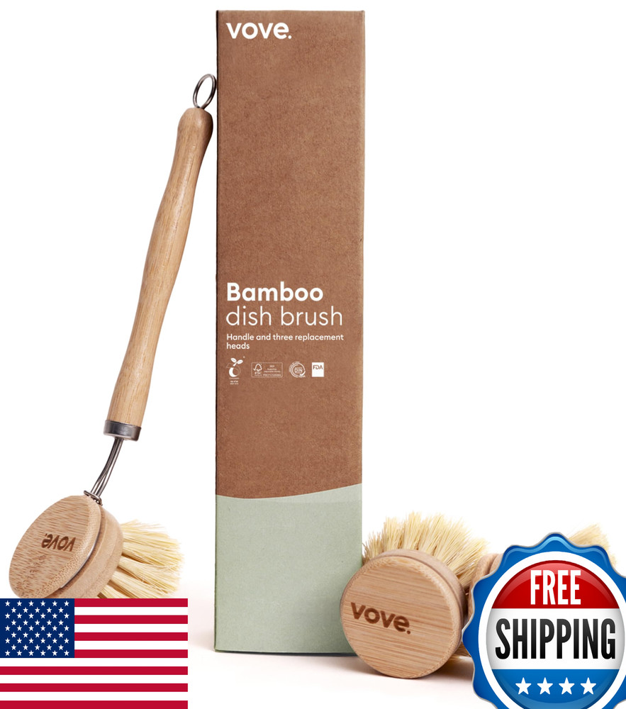 Vove Bamboo Dish Brush – 3x Replacement Heads – FSC Certified Natural Fiber