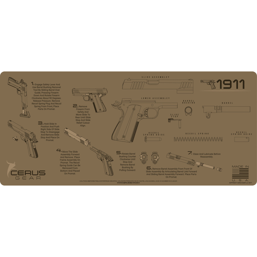 Cerus Gear For 1911 Instructional Jumbo 12″ X 27″ Gun Cleaning Mat FDE