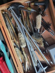 GUN CLEANING LOT: Bore Cleaning, Oils, Tools, Cloths, Firearms As Shown