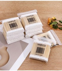 Clear Cotton Swab Storage Box with Bamboo Lid Makeup Swabs Toothpick Organizer