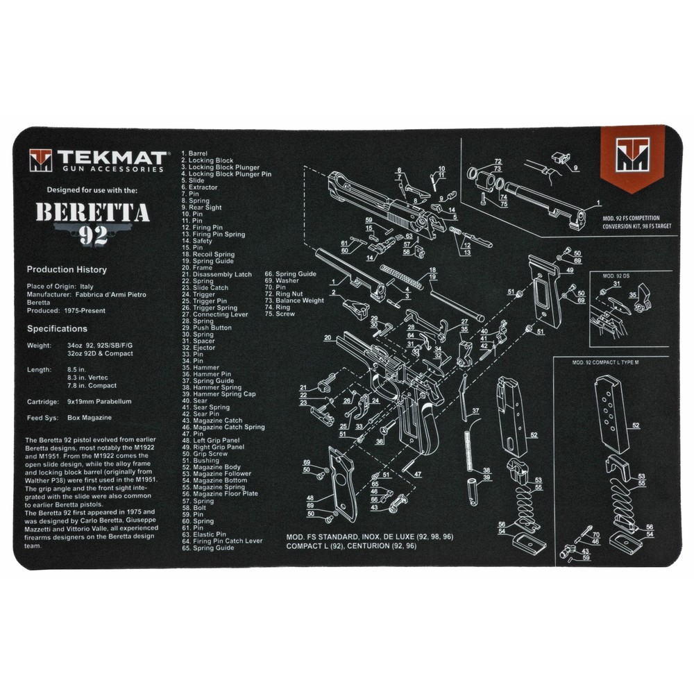 TekMat TEKR17BER92 Beretta 92 Cleaning Mat Black/White Rubber 11″x17″ Beretta 92