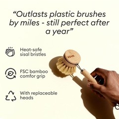 Vove Bamboo Dish Brush – 3x Replacement Heads – FSC Certified Natural Fiber