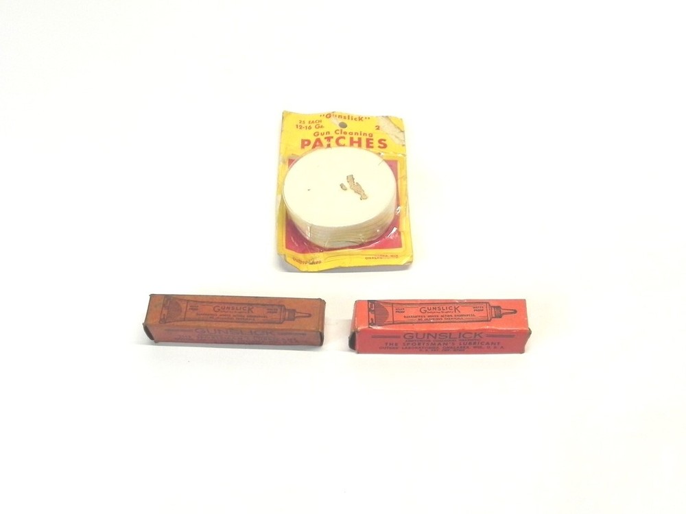 VINTAGE GUNSLICK LUBRICATION TUBES 1/2 FULL W/BOXES & 2 GUN CLEANING PATCHES