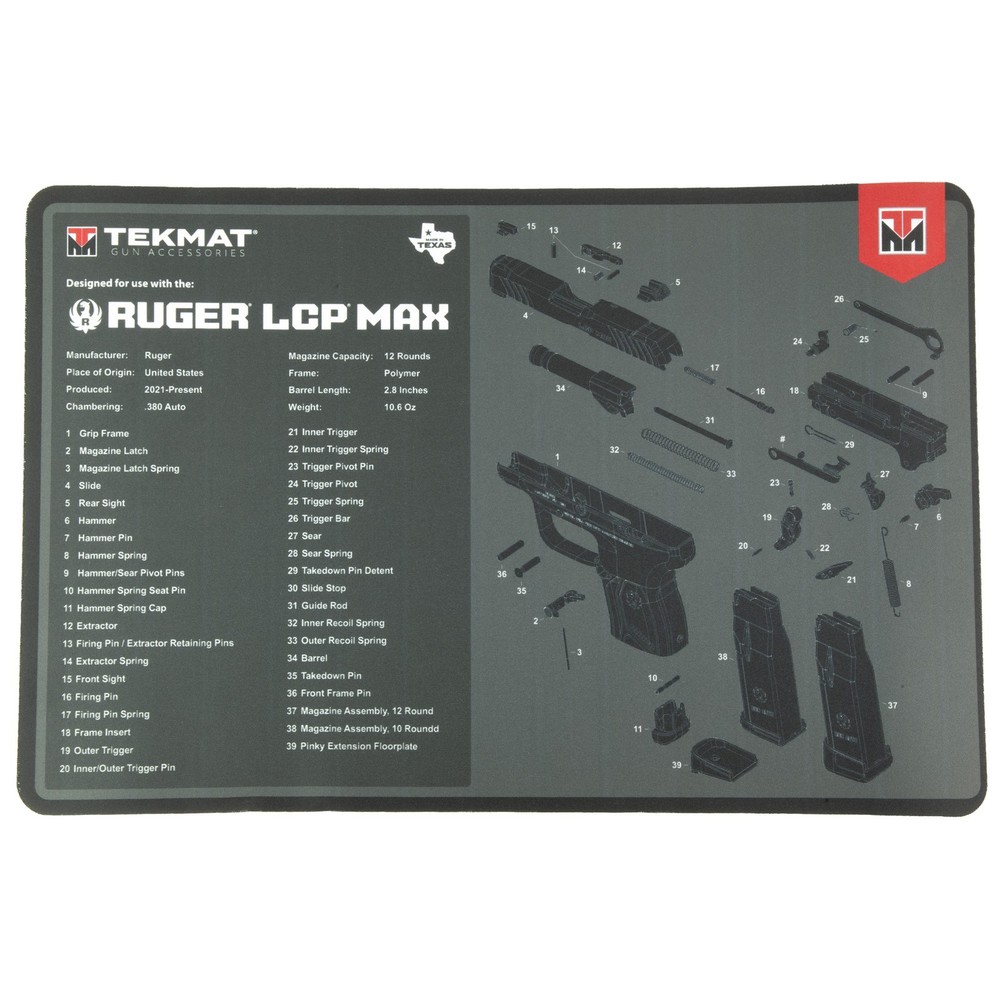 TekMat Ruger LCP Max Pistol Cleaning Mat 11×17 Black Padded Non-Slip