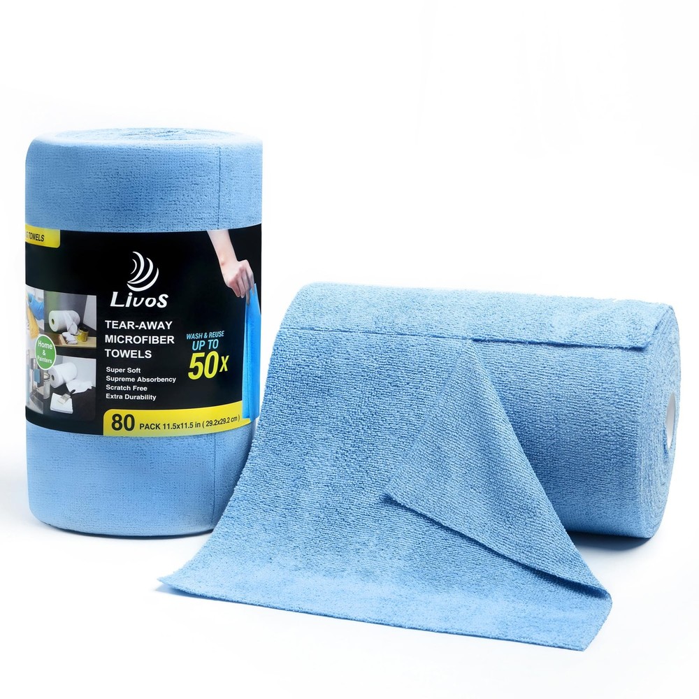 LIVOS Microfiber Cleaning Cloth Roll 80-Pack Reusable Tear Away Towels Blue Car