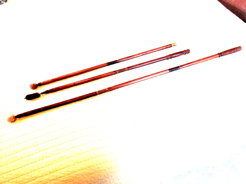 EARLY OAK SHOTGUN CLEANING RODS,COPPER BRUSH ,2 WOOL SWABS,INTERCHAGEABLE