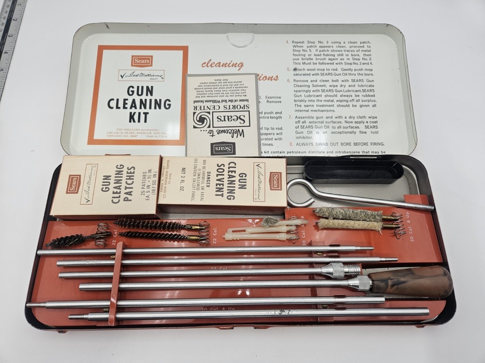 Vintage Sears Gun Cleaning Kit Ted Williams Orange Metal Case