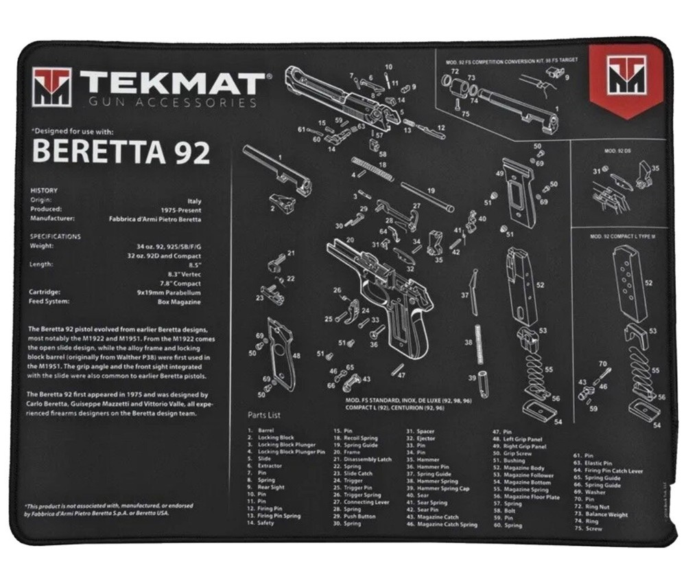 TekMat Beretta 92 Premium Gun Cleaning Mat,15″X20″ W/ minor printing Errors