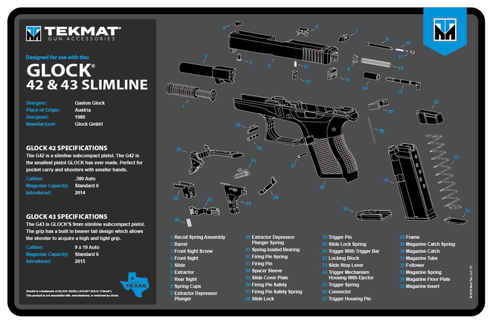 TekMat TEKR17GLOCK4243BL Glk 42/43 Cleaning Mat Black/Blue/White Rubber 11″x17″