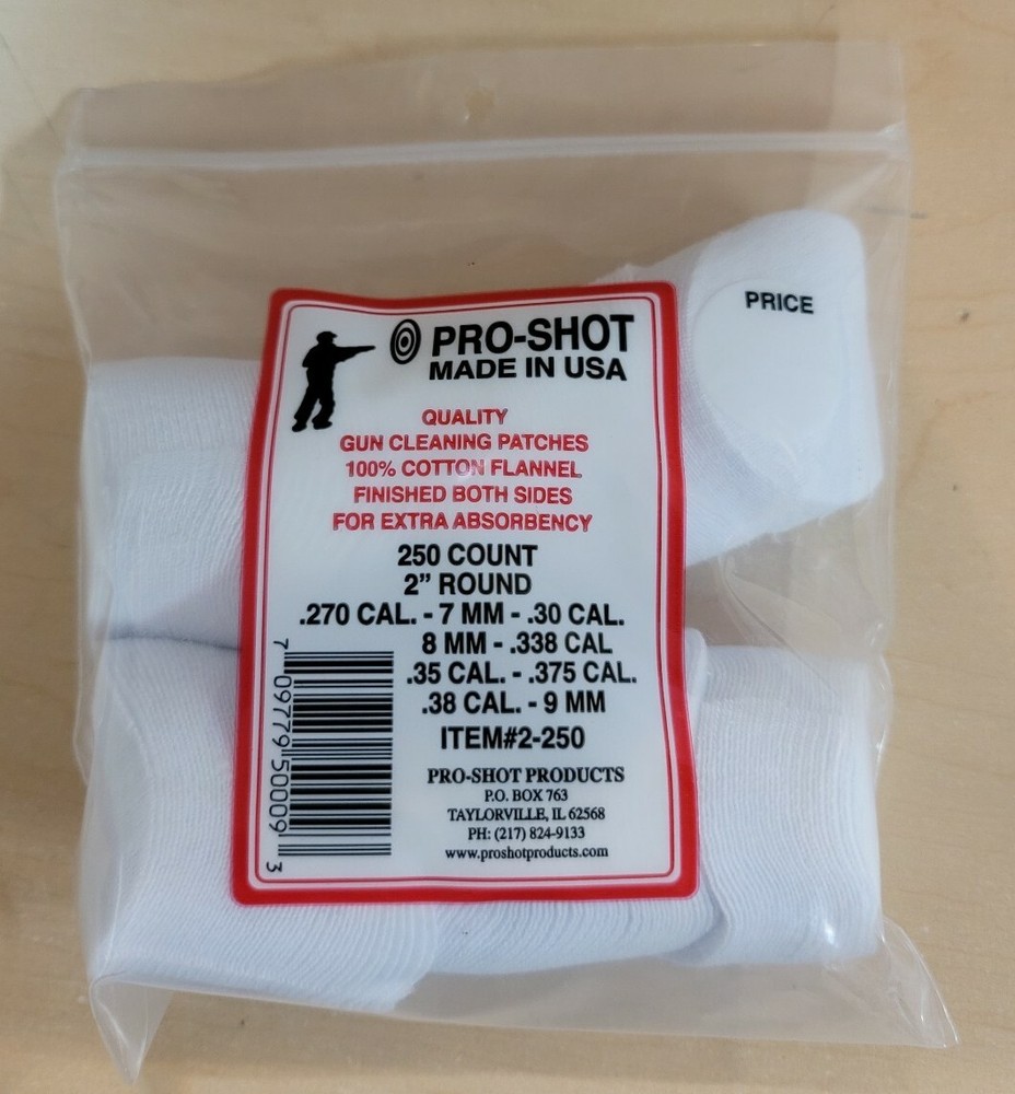 Pro-Shot Cleaning Patches Cotton 2″ 250 Per Pack mpn 2-250, .270-.375 cal NIP