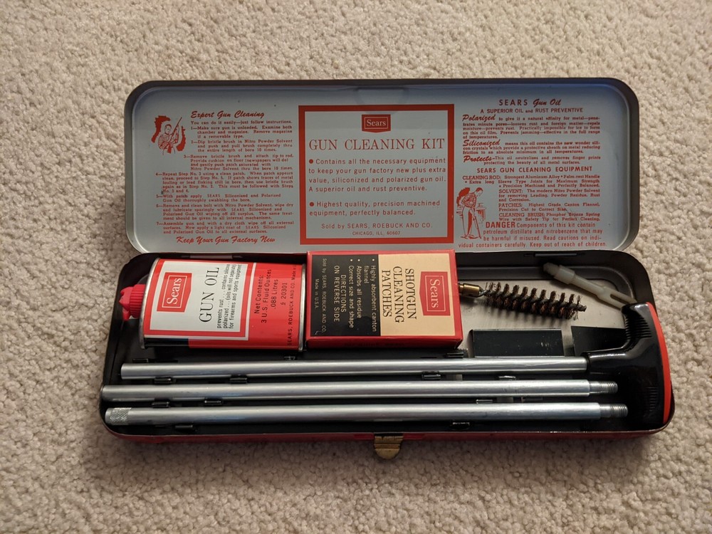Vintage Sears & Roebuck Co. GUN CLEANING KIT No. 6 2022 & Metal Box. 20-28 Guage