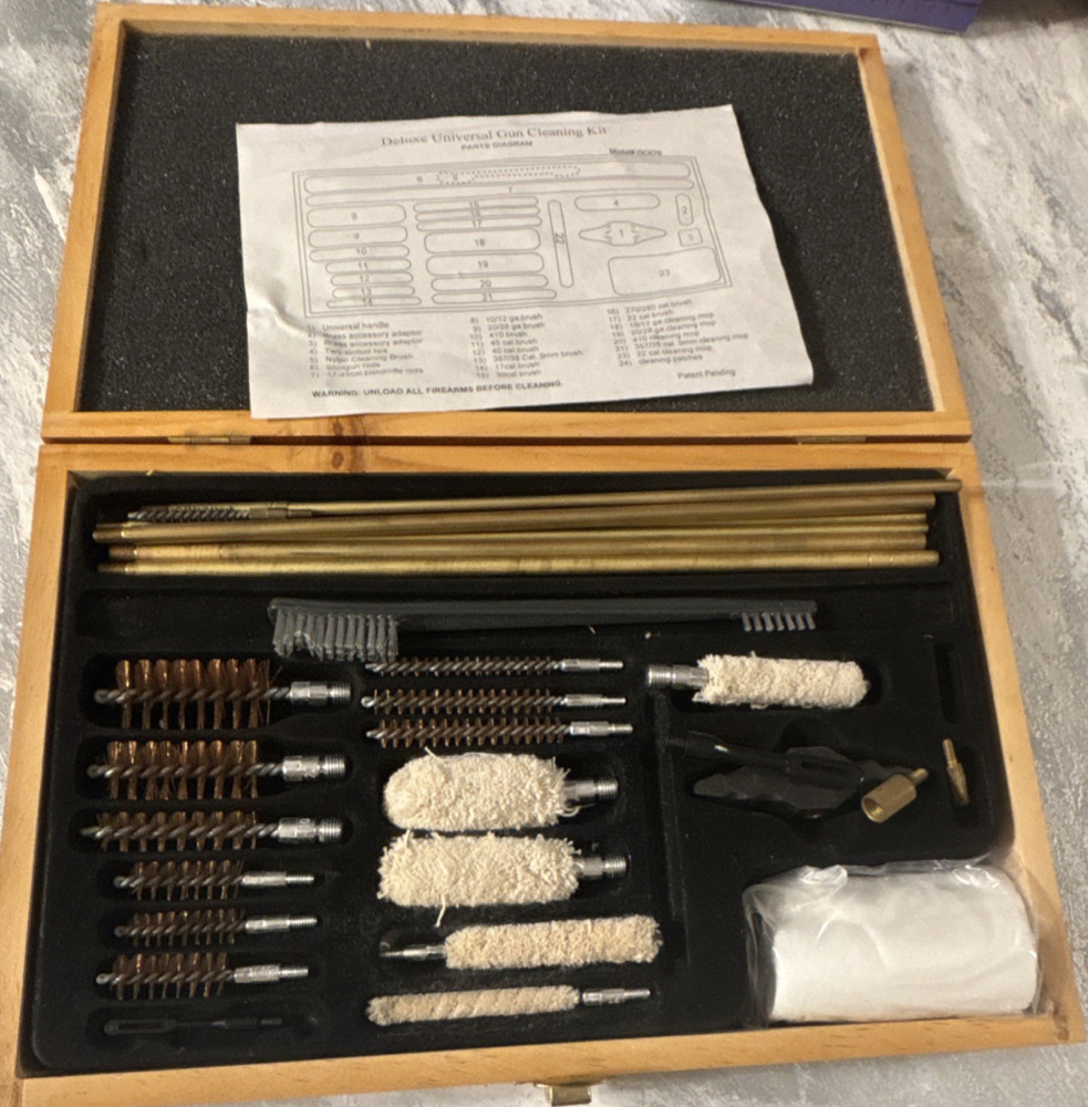 Universal Gun Cleaning Kit with Wooden Case, Brushes, Rods, Cloth, Accessories
