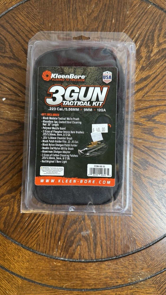 KleenBore 3 Gun Tactical Kit .223/5.56mm 9mm 12GA Cleaning Kit – New