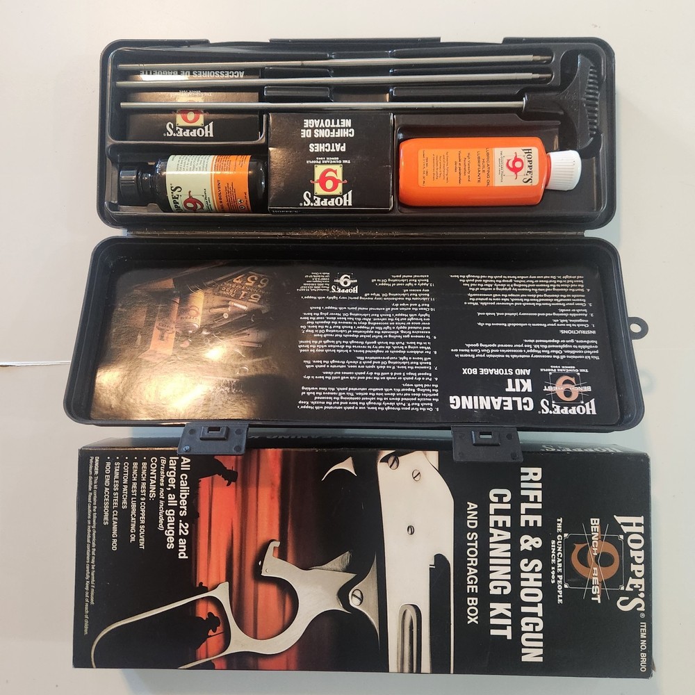 NEW Hoppe’s Rifle & Shotgun Cleaning Kit Steel Rod Oil Solvent Patch Storage Box