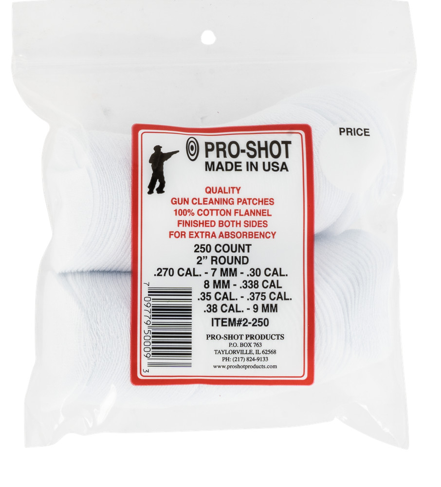 Pro-Shot 2-250 Cleaning Patches .270-.38 Cal 2″ Round Cotton 250 Pack
