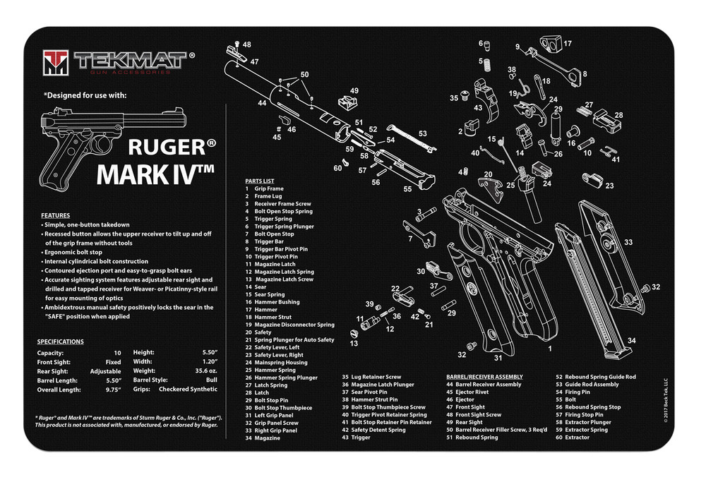 TekMat TEKR17RUGERMK4 Ruger Mark IV Cleaning Mat Black/White Rubber 11″x17″ Ruge