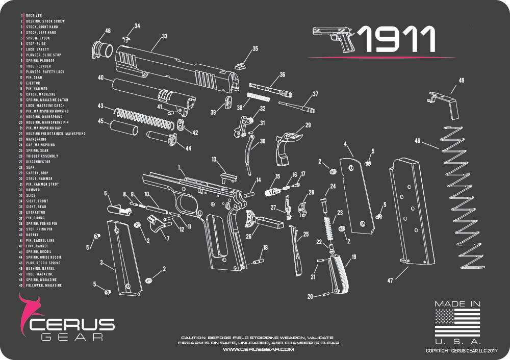 1911 Gun Cleaning Mat Cerus Gear 12″x17″ With Parts Schematic Charcoal / Pink