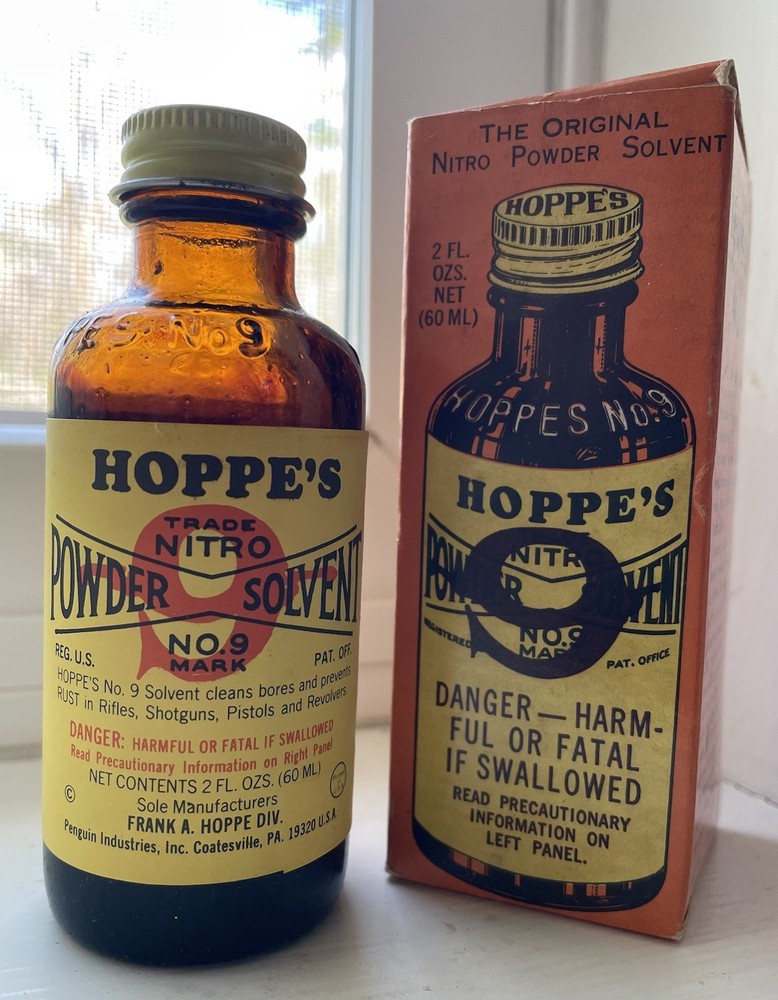 VINTAGE HOPPE’S No.9 NITRO POWDER SOLVENT GUN CLEANER 1/2 FULL IN BOX 2 OZ SZ