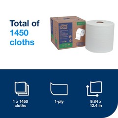 Tork Light Duty Cleaning Cloth Giant Roll, White W1, 1450 Count, Wet/Dry Use