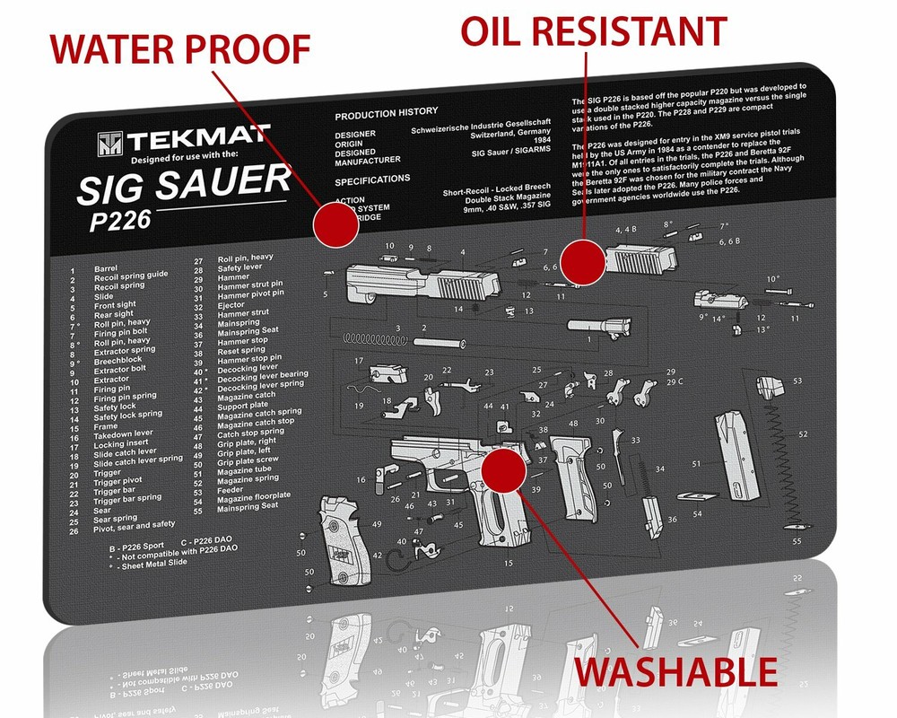 Illustrated Gun Cleaning & Repair Mat for Sig Pistols 11″ x 17″ Neoprene Rubber