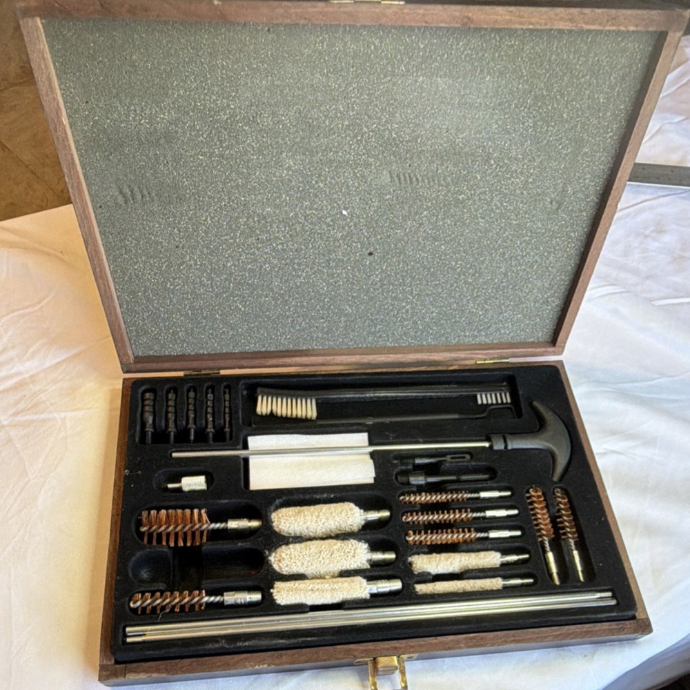 Gun Cleaning Kit with Wooden Case, Bore Brushes, Mop, Cloth, Jag, Accessories