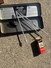 Vintage Metal Revelation 30 Caliber Rifle Cleaning Kit Solvent Bottle 1/2 Full