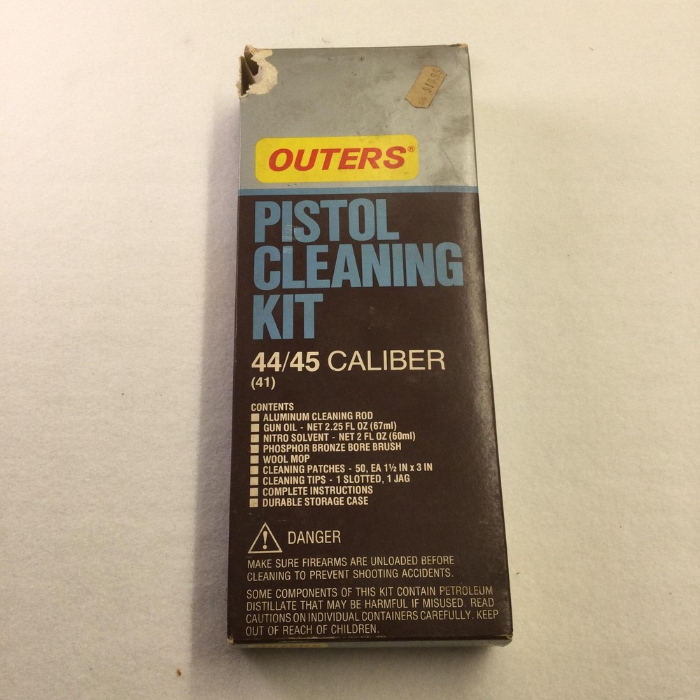 Vintage Outers Pistol Cleaning Kit 44 45 Caliber Brown Case Gun Oil Brushes