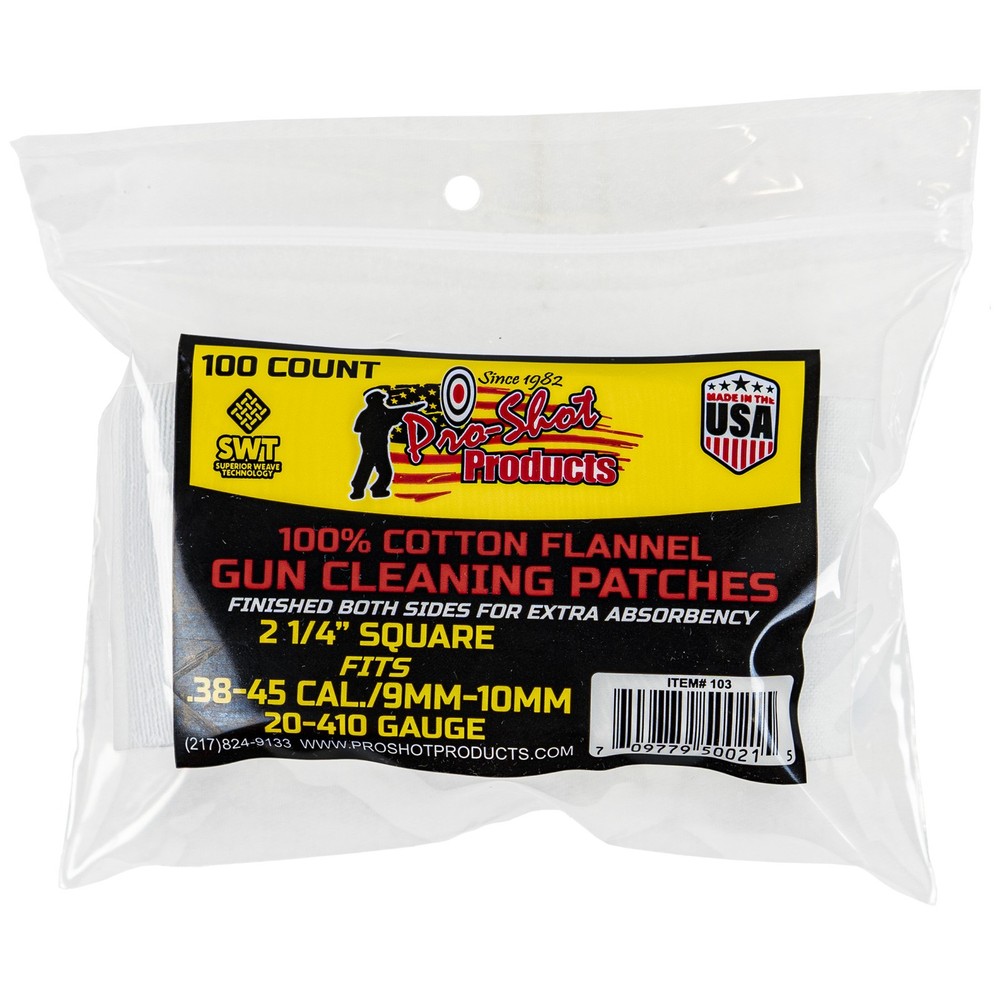 Pro-Shot Cleaning Patches 38-45Cal 20-410Ga 100Pk For Firearm Cotton White