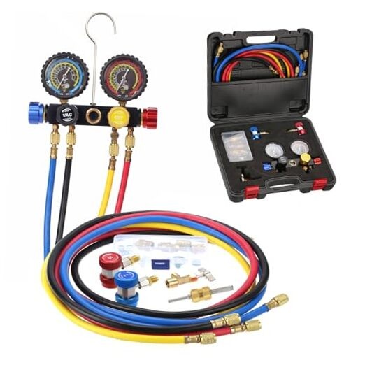 PB Motor Tech 4-Way AC Manifold Gauge Set for R22, R134A, R410A Refrigerants,