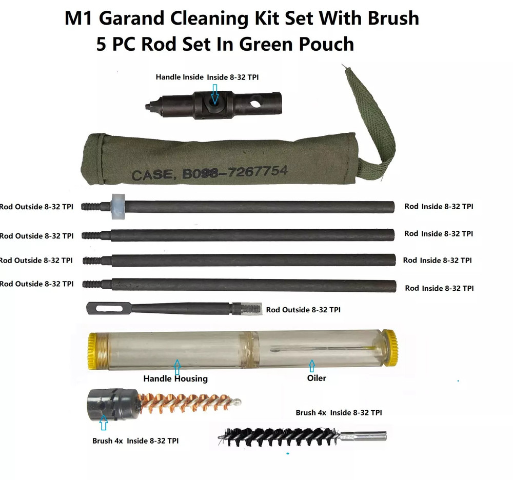 M1 Garand Cleaning Kit For Buttstock, Oiler, Chamber & Bore Brushes, 8-32 Rods